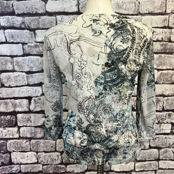 Chico's Ivory, Black & Blue V-Neck 3/4 Sleeve Blouse Size Medium - Picture 5 of 8